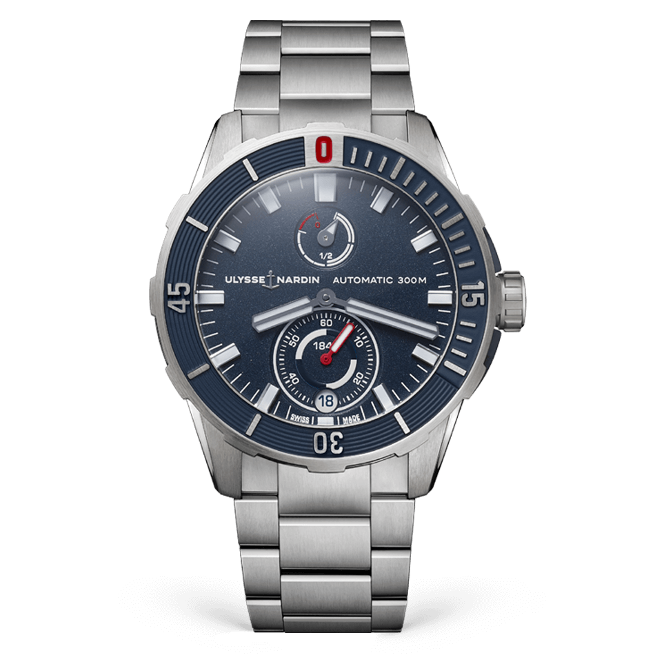 Silver watch with a blue face on a black background