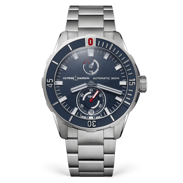 Silver watch with a blue face on a black background