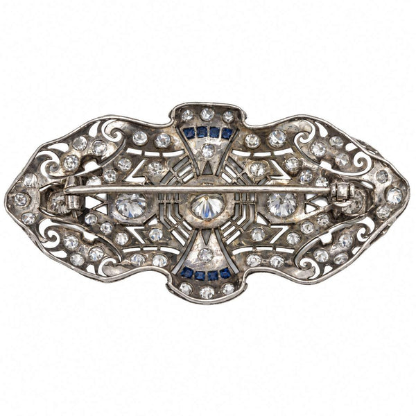 Circa 1920s Art Deco Diamond and Sapphire Brooch