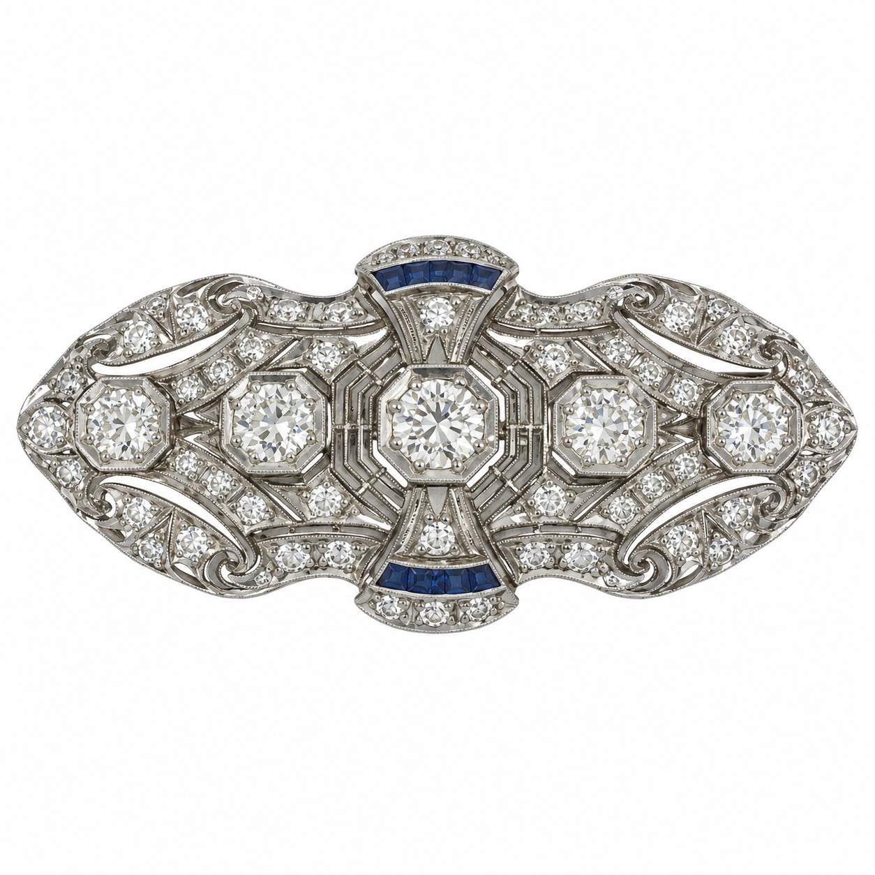 Circa 1920s Art Deco Diamond and Sapphire Brooch