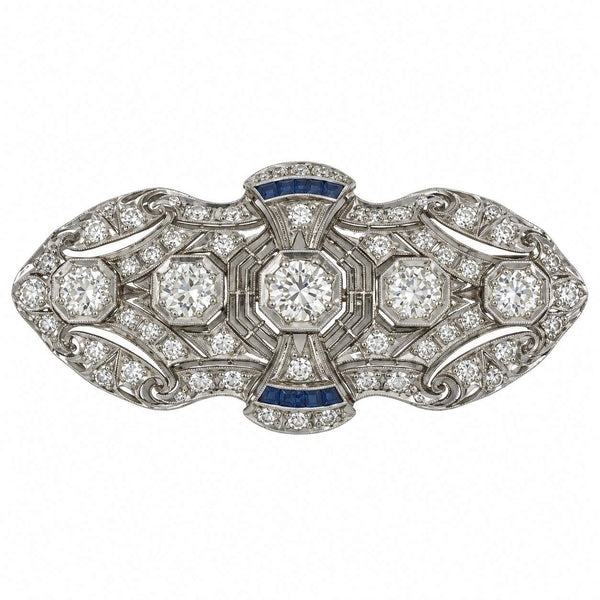 Circa 1920s Art Deco Diamond and Sapphire Brooch