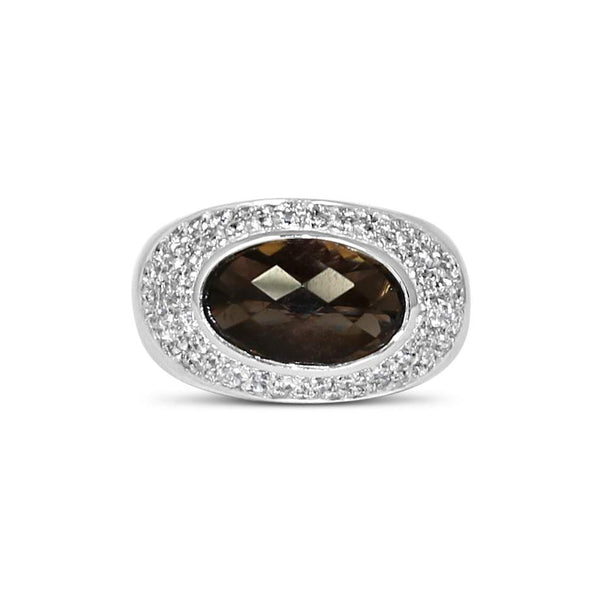 SMOKEY-QUARTZ AND PAVE DIAMOND RING