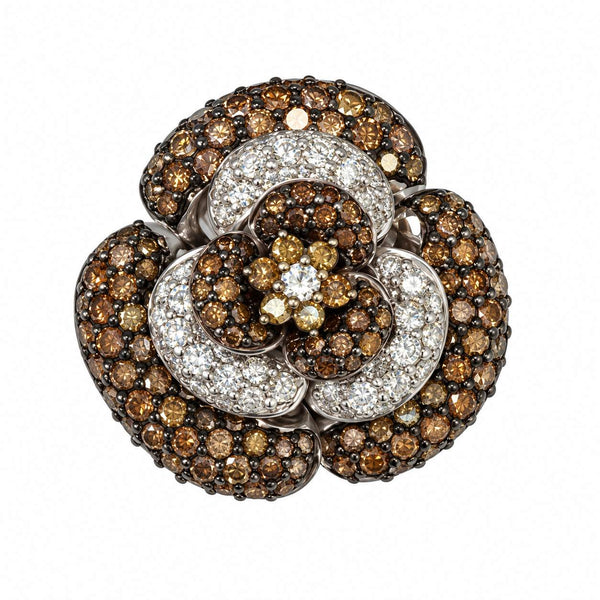 Brown and White Diamond Flower Brooch