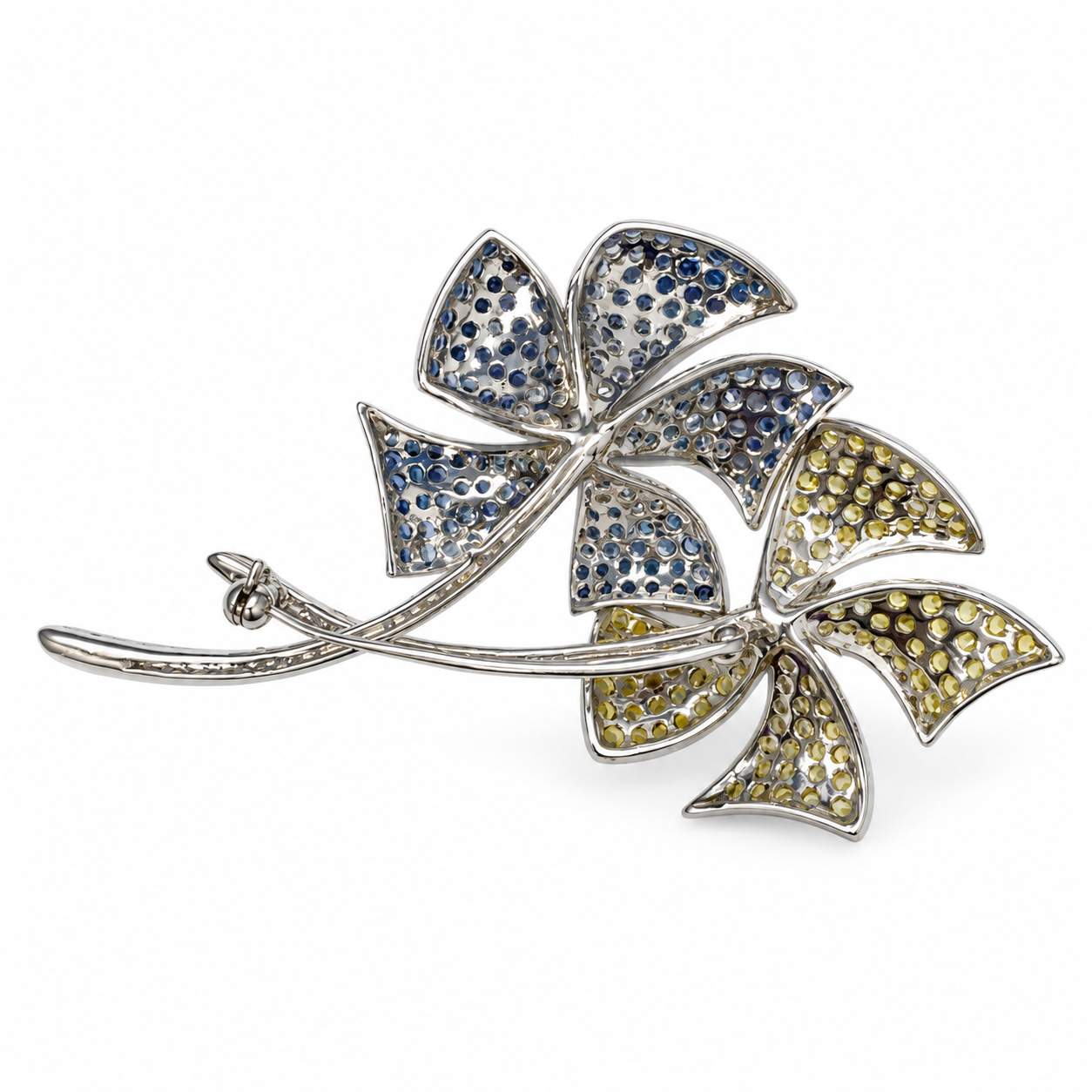 Blue & Yellow Sapphire Pinwheel Flower Brooch