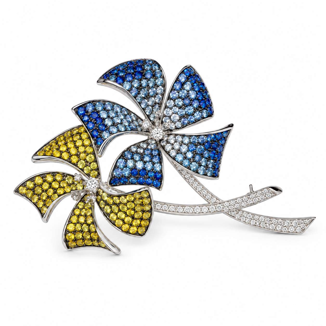 Blue & Yellow Sapphire Pinwheel Flower Brooch
