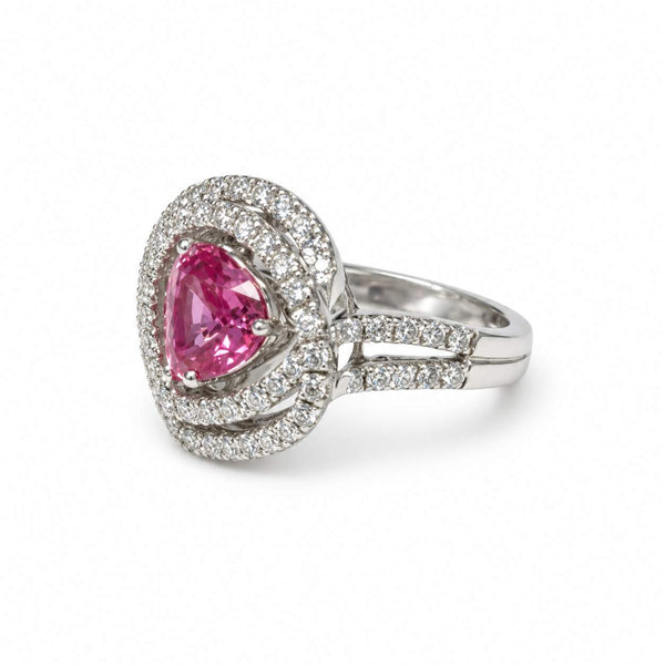 Heart-Shaped Pink Sapphire & Diamond Halo Ring