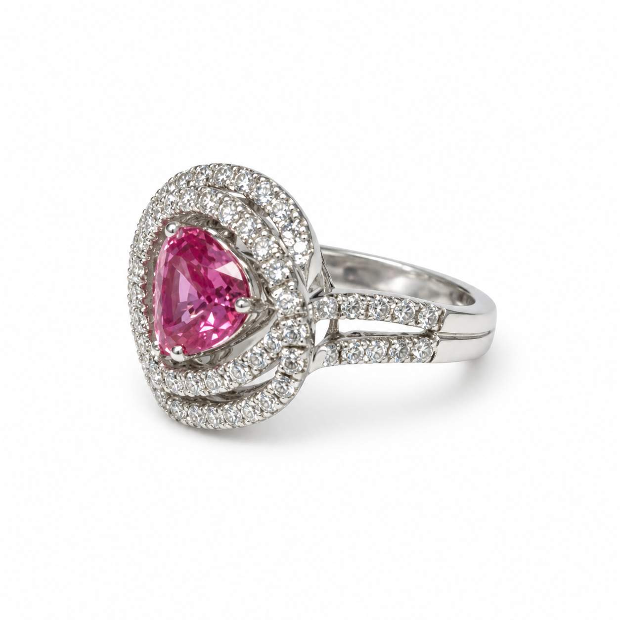 Heart-Shaped Pink Sapphire & Diamond Halo Ring