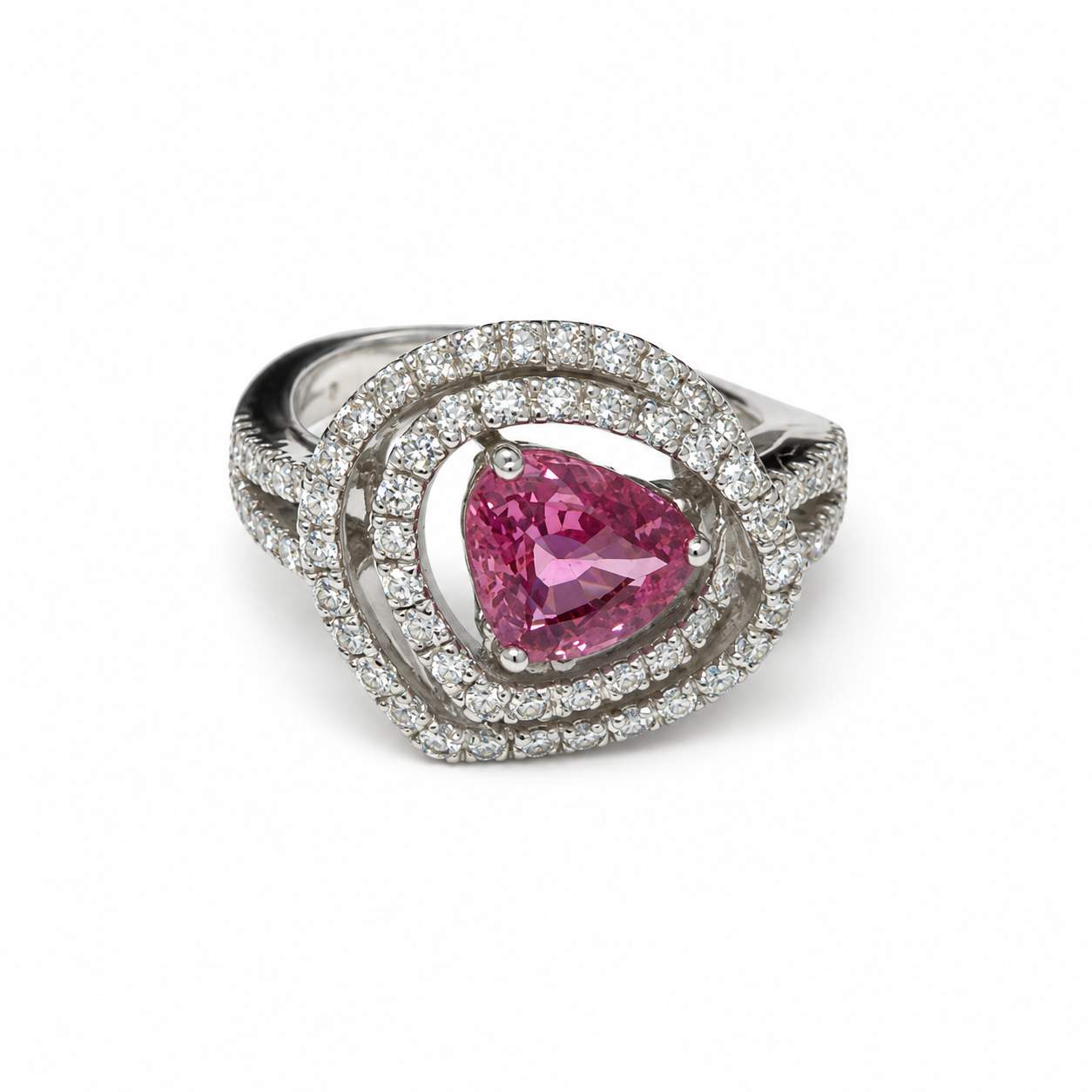 Heart-Shaped Pink Sapphire & Diamond Halo Ring