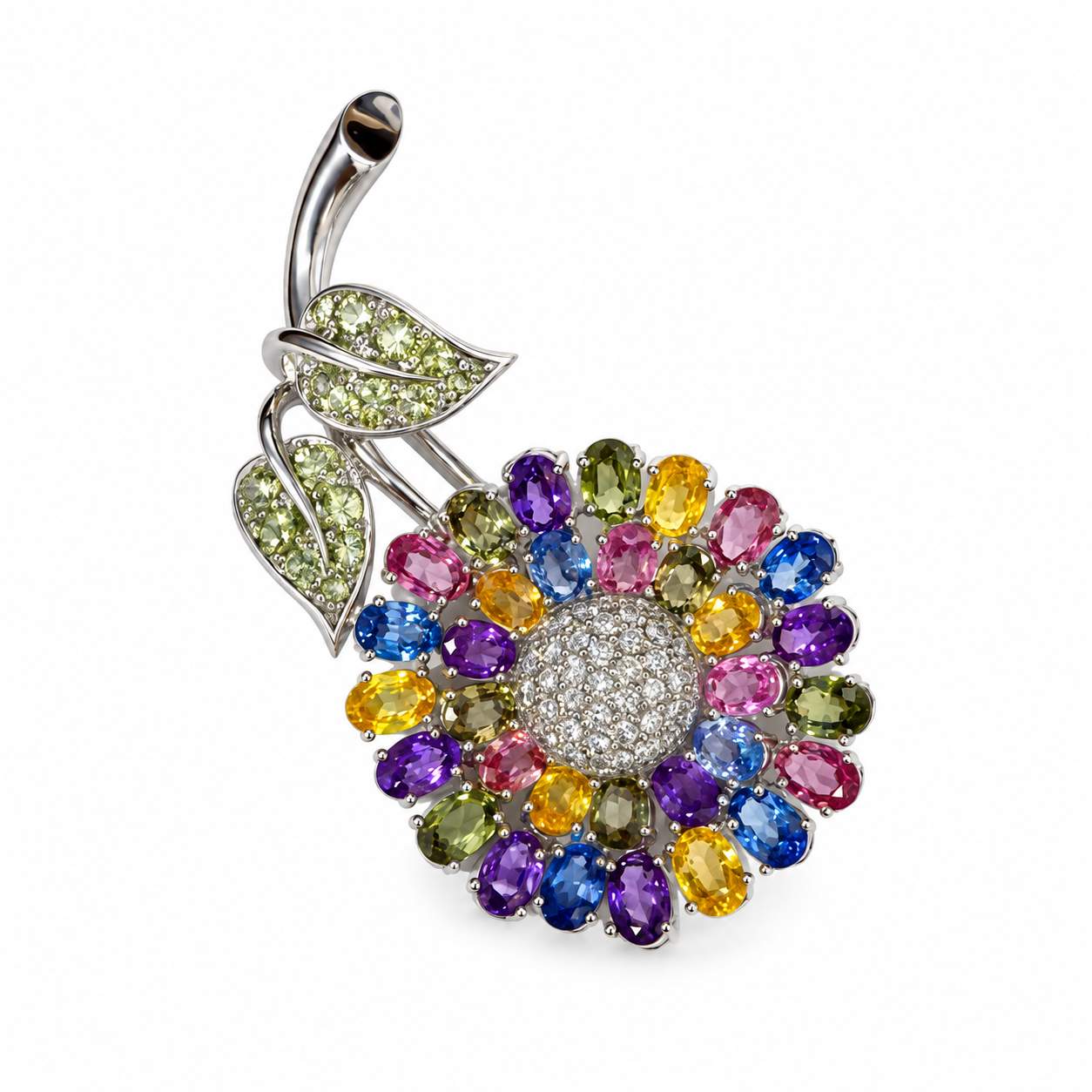 Multi-Color Sapphire & Diamond Floral Brooch