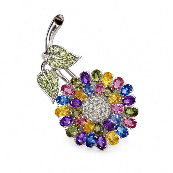 Multi-Color Sapphire & Diamond Floral Brooch