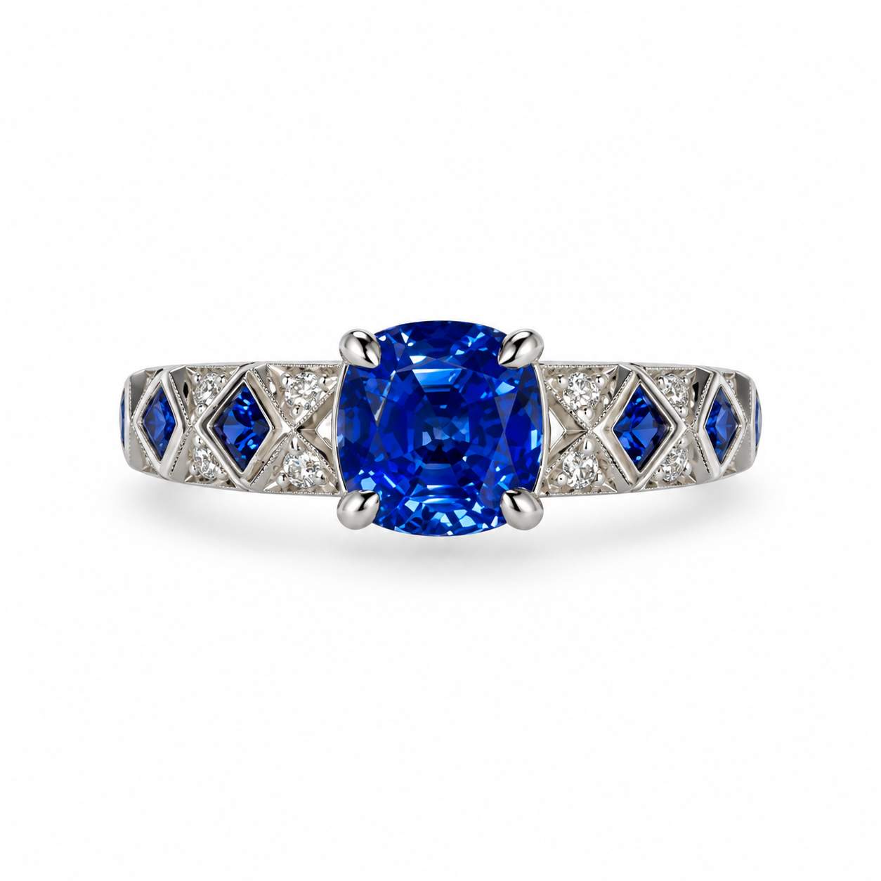 Cushion-Cut Ceylon Sapphire Ring with Diamonds