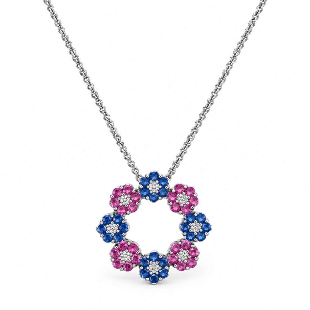 Pink and Blue Sapphire Floral Necklace with Diamonds