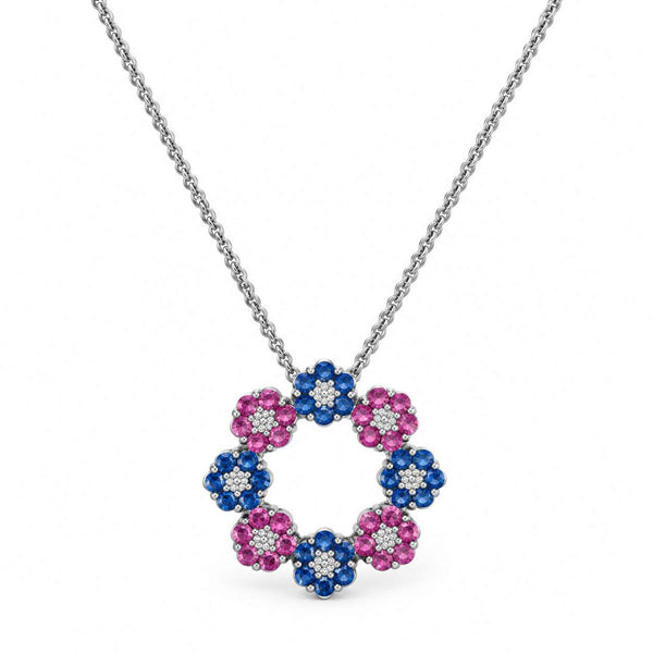 Pink and Blue Sapphire Floral Necklace with Diamonds