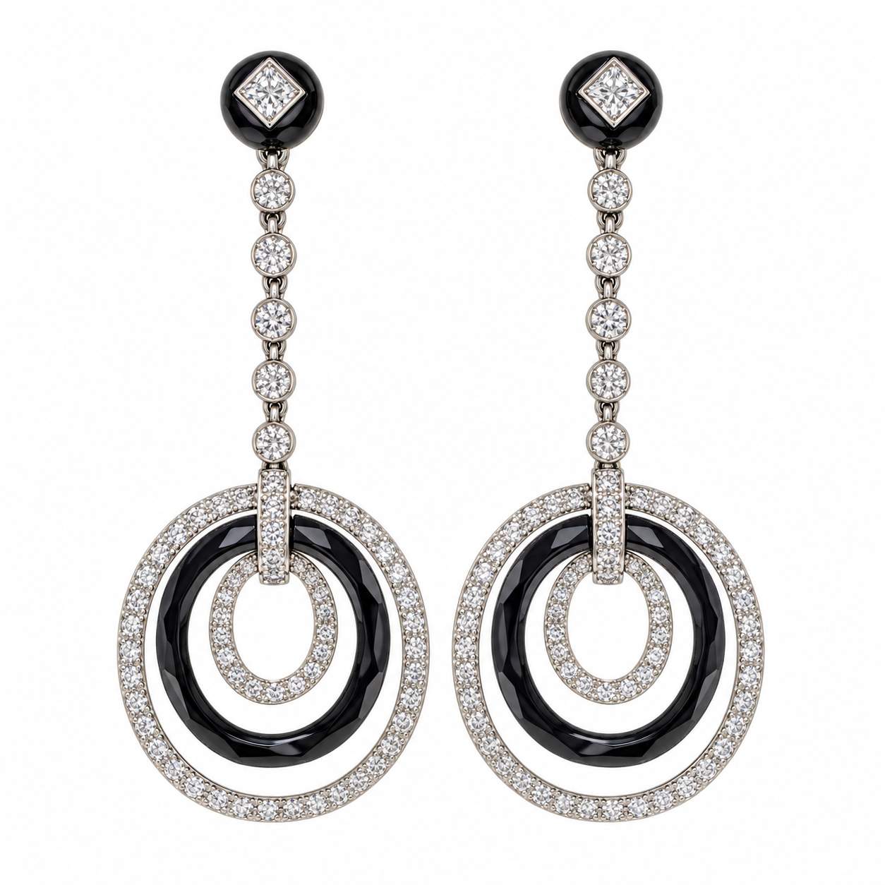 Art Deco Onyx & Diamond Oval Drop Earrings