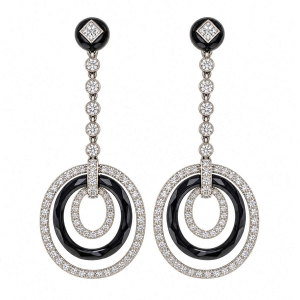 Art Deco Onyx & Diamond Oval Drop Earrings