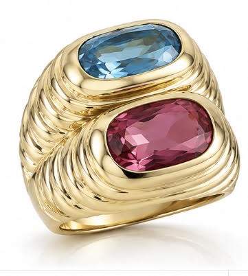 18K Yellow Gold Blue and Pink Topaz Sculptural Statement Ring