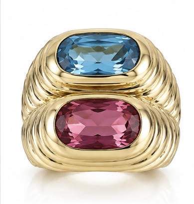 18K Yellow Gold Blue and Pink Topaz Sculptural Statement Ring