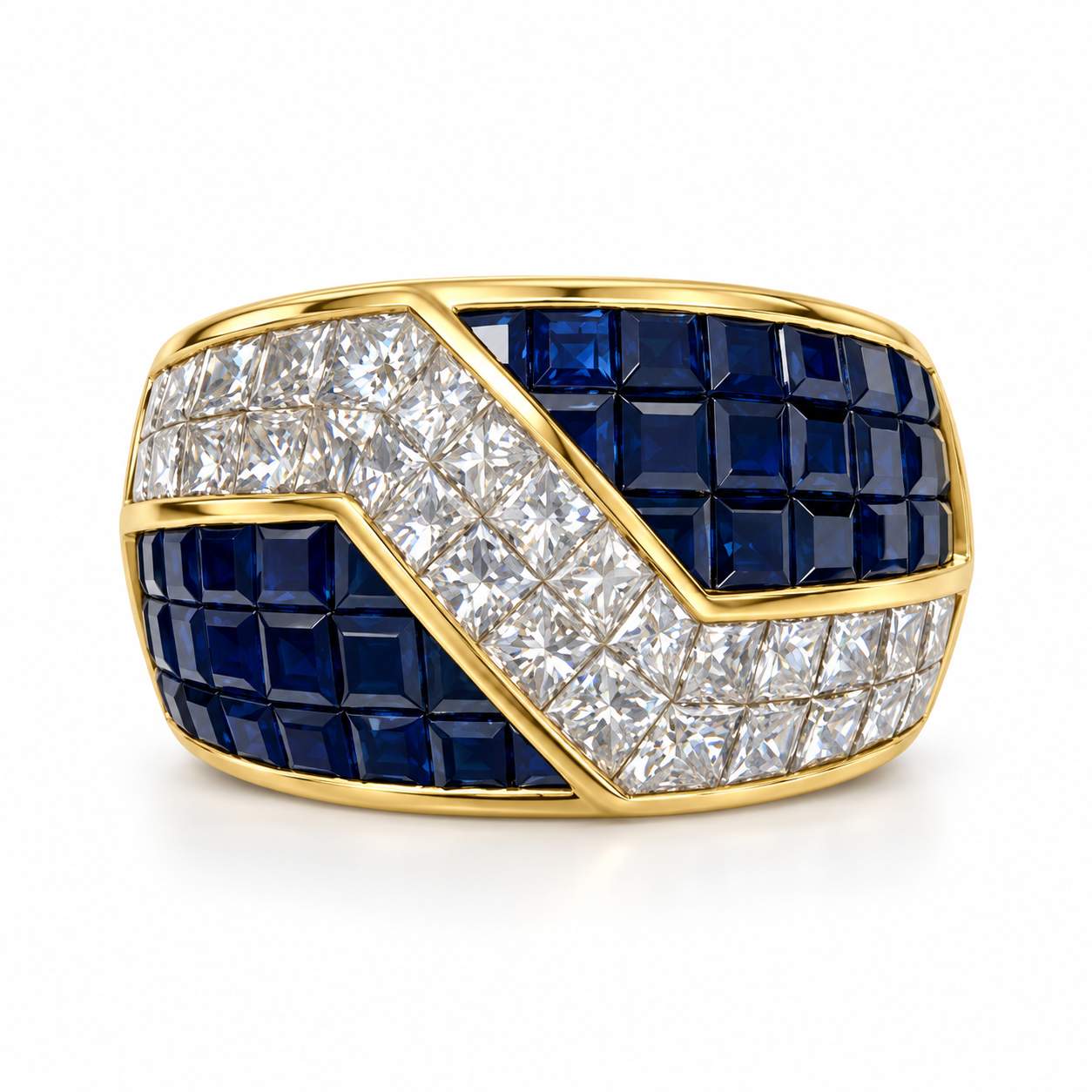 Invisible-Set Sapphire and Diamond Wide Band Ring