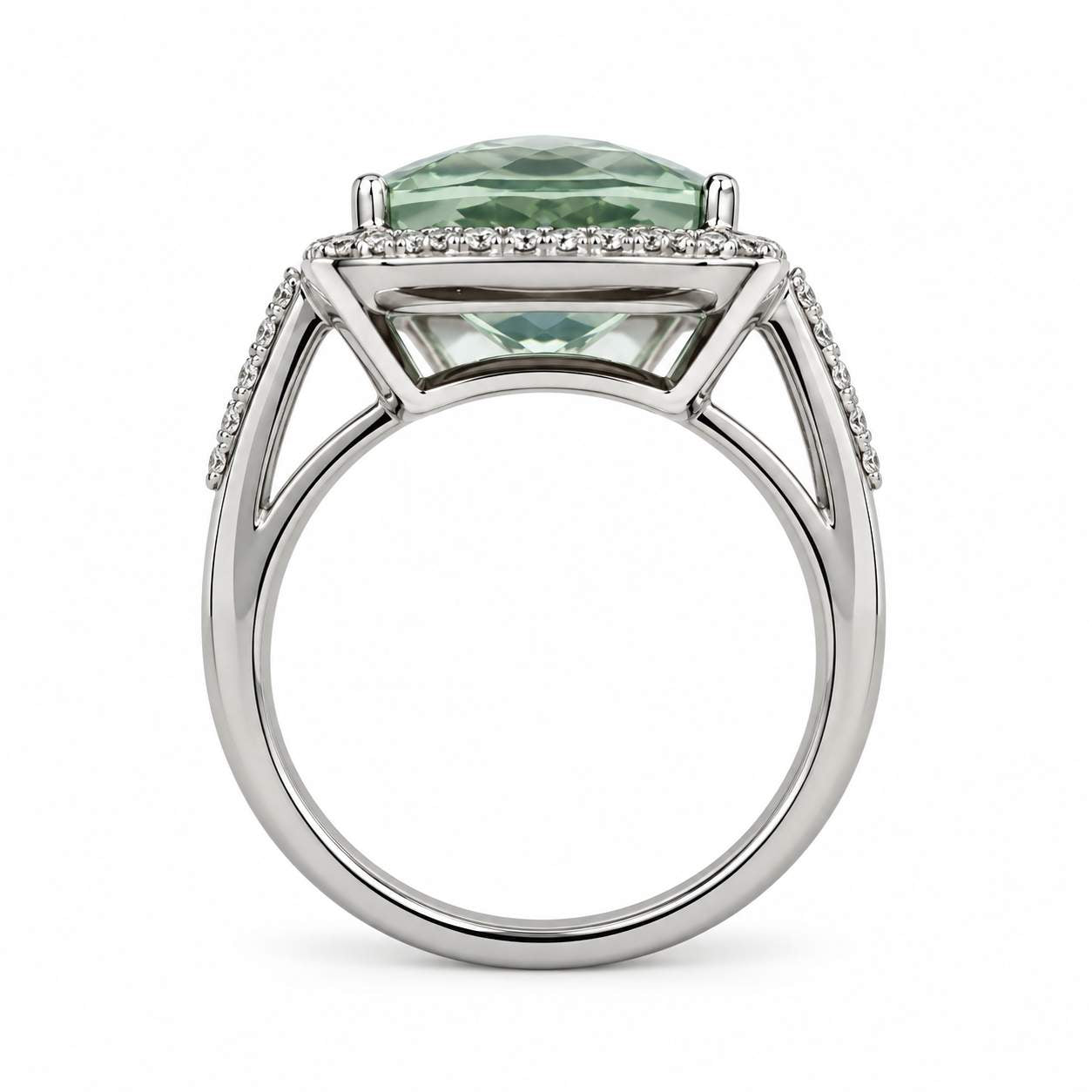 Pale Green Quartz & Diamond Halo Ring