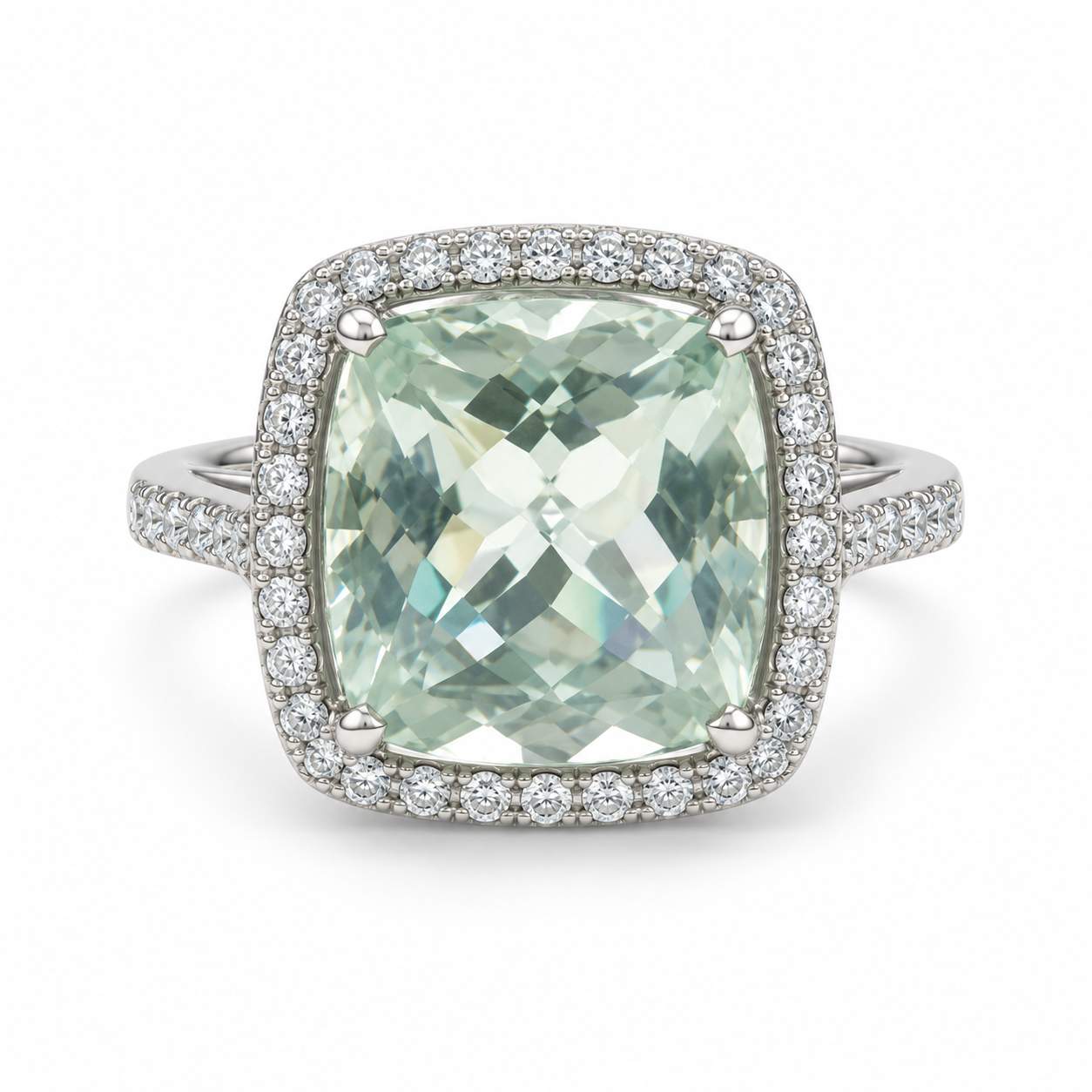 Pale Green Quartz & Diamond Halo Ring