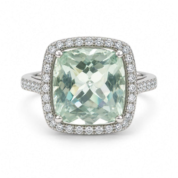 Pale Green Quartz & Diamond Halo Ring