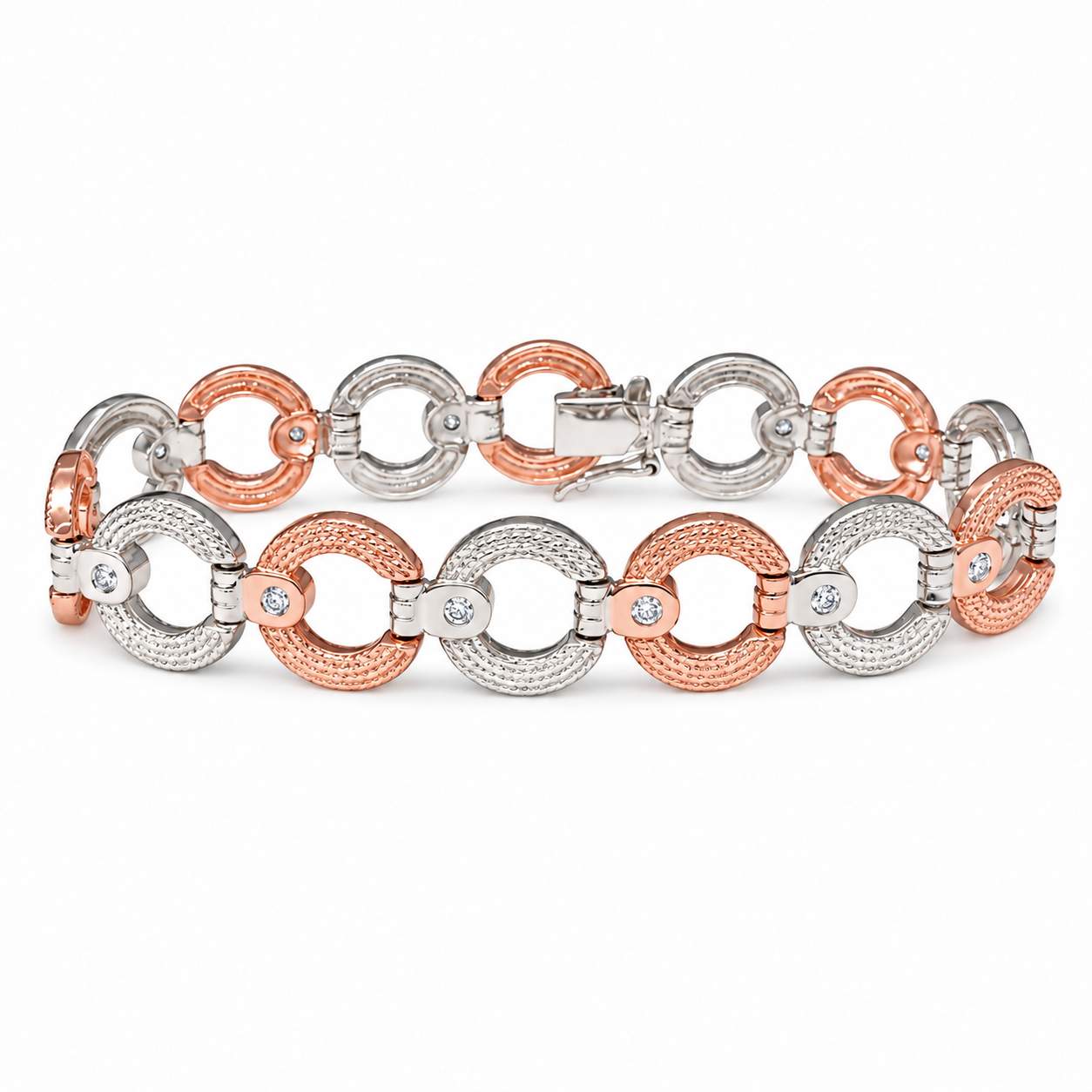 White & Rose Gold Circle-Link Diamond Bracelet