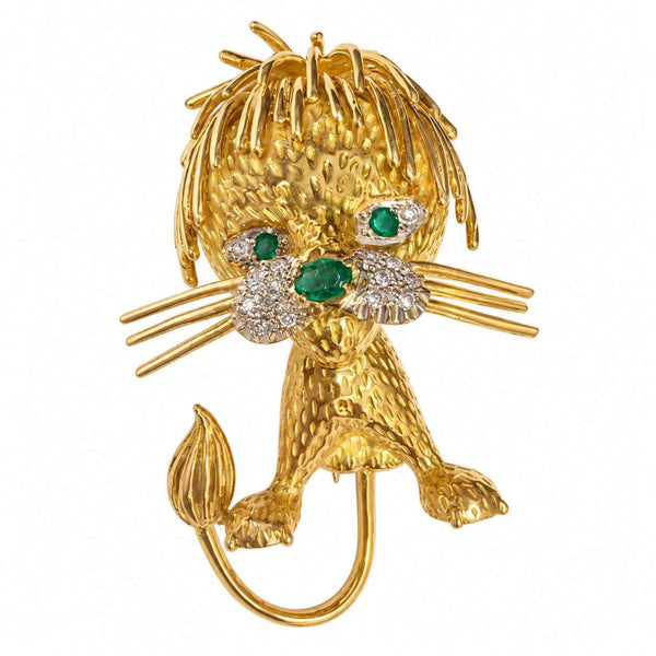 Emerald and Diamond Lion Brooch