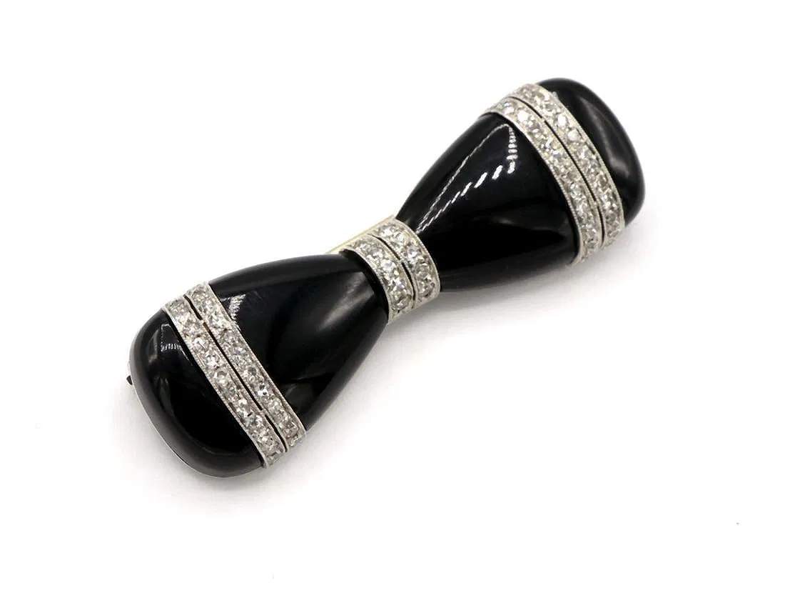 Art Deco Onyx and Diamond Bow Brooch