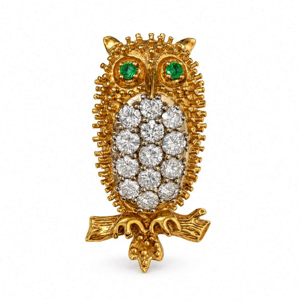 Diamond & Emerald Owl Brooch