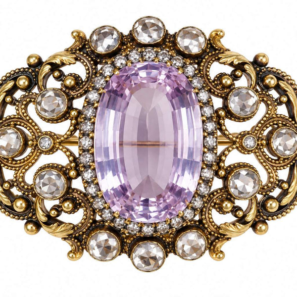 Vintage 583 Gold Kunzite & Rose-Cut Diamond Brooch/Pendant