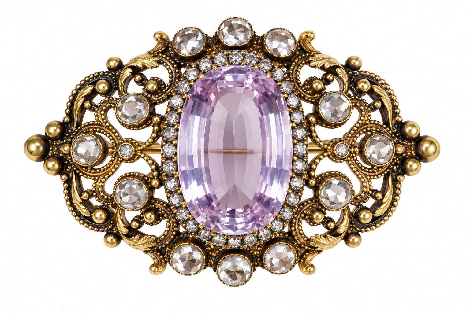 Vintage 583 Gold Kunzite & Rose-Cut Diamond Brooch/Pendant