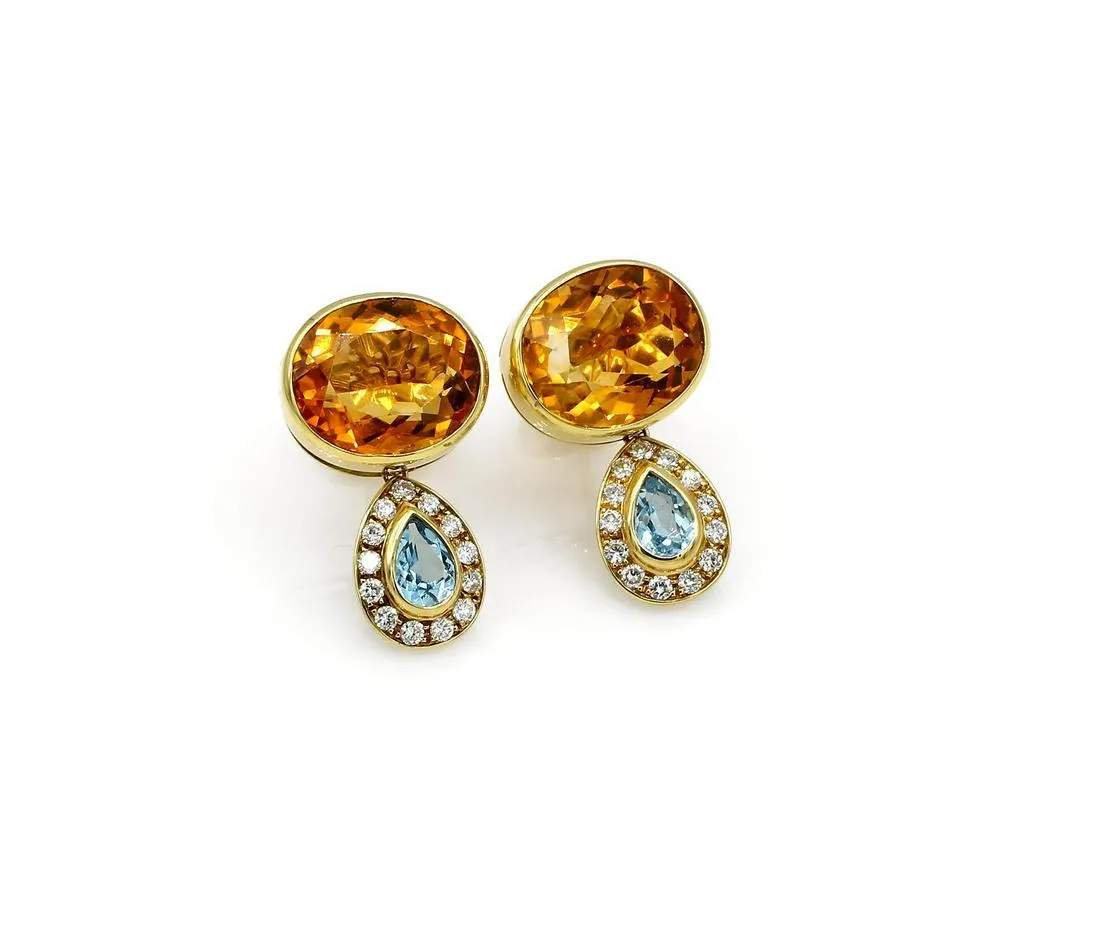 18K Gold Citrine, Blue Topaz & Diamond Drop Earrings