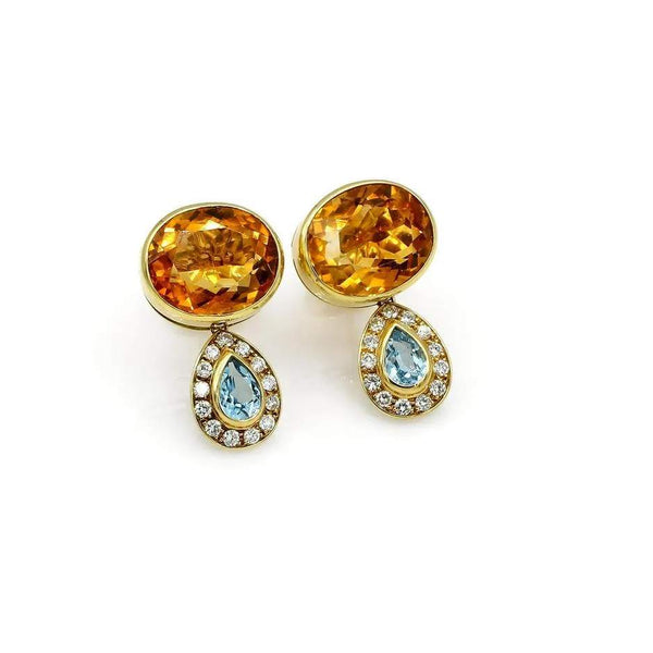 18K Gold Citrine, Blue Topaz & Diamond Drop Earrings