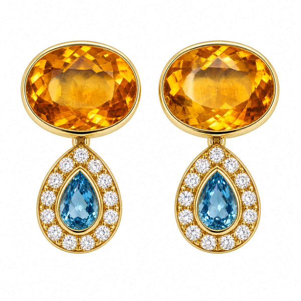 18K Gold Citrine, Blue Topaz & Diamond Drop Earrings