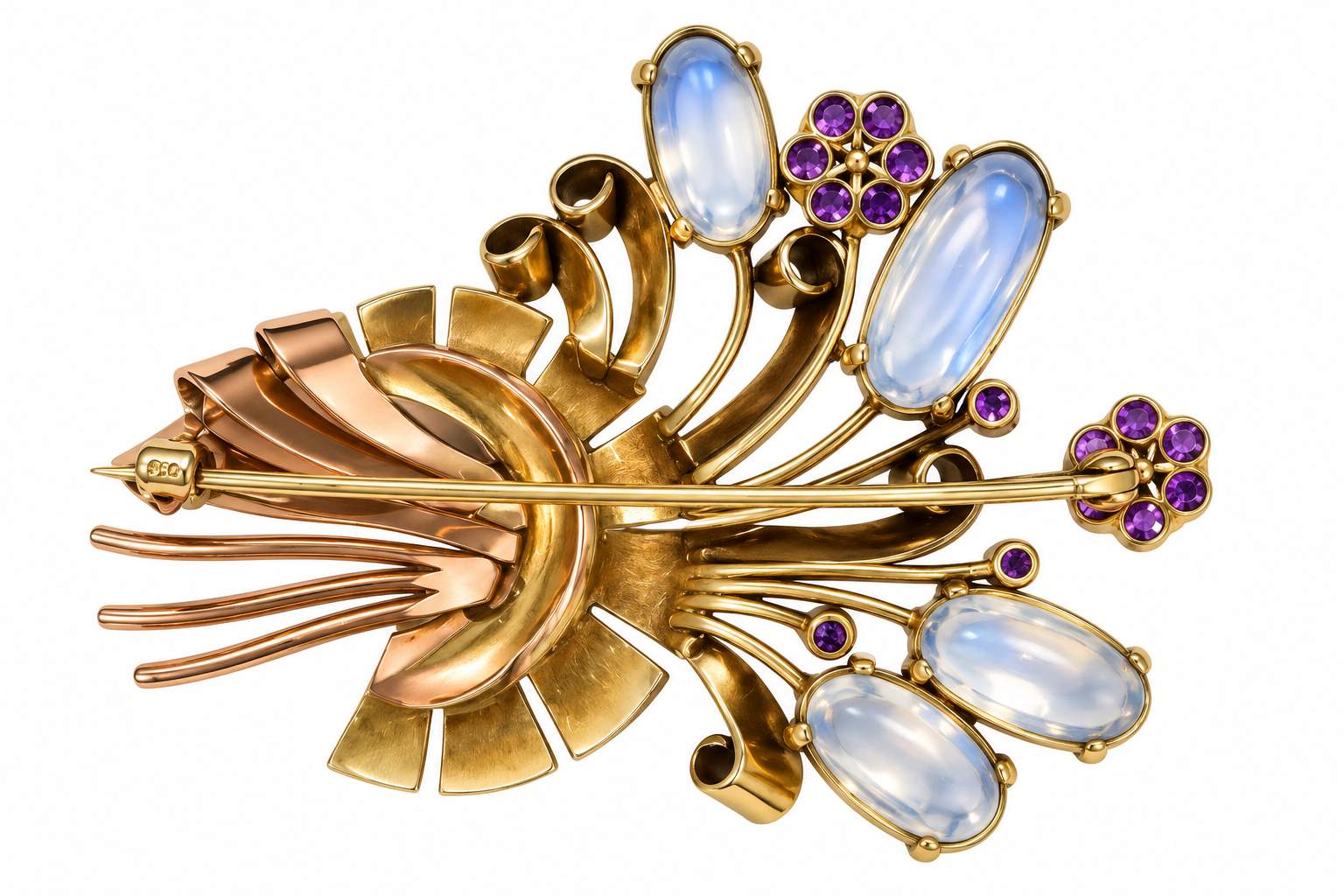 Retro 14K Gold Moonstone & Amethyst Brooch