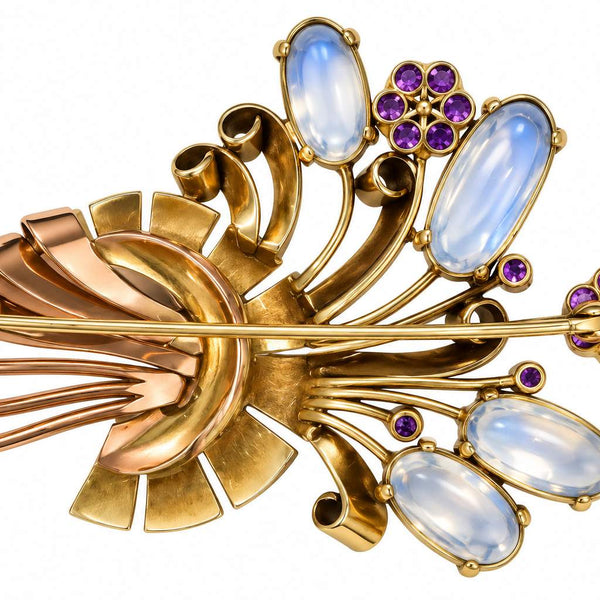 Retro 14K Gold Moonstone & Amethyst Brooch