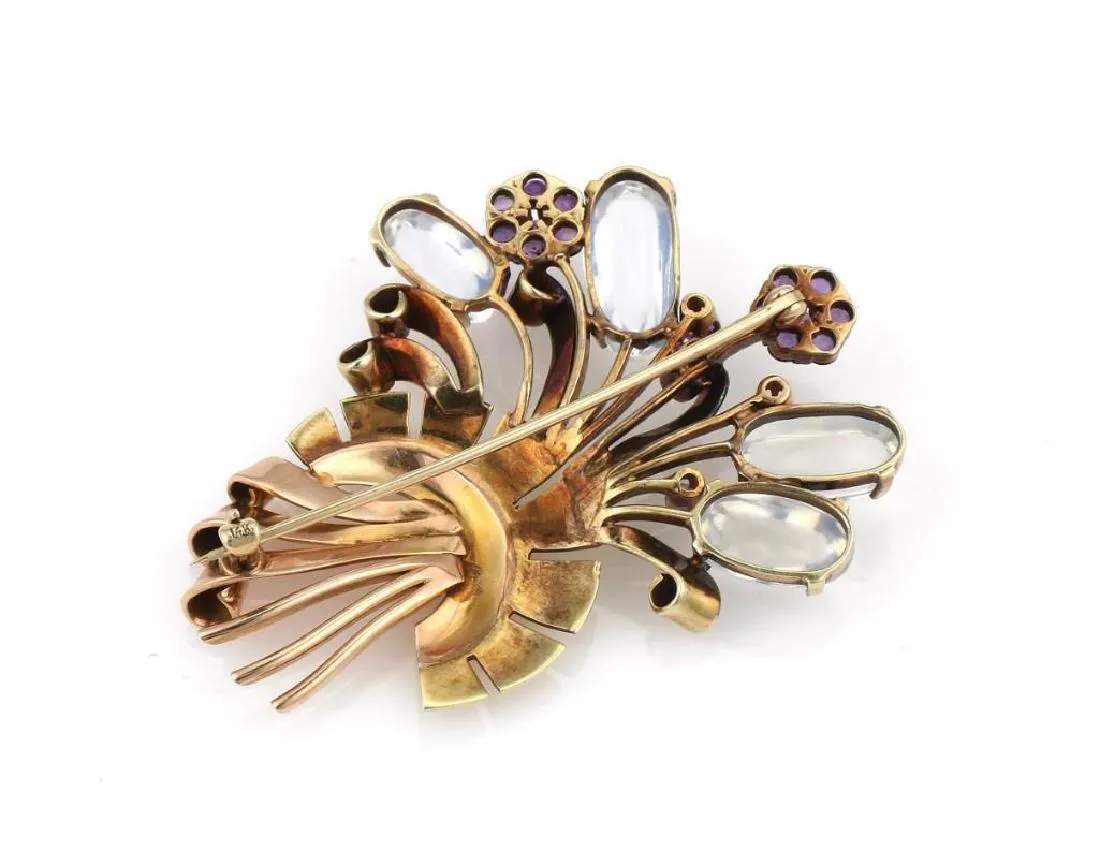 Retro 14K Gold Moonstone & Amethyst Brooch