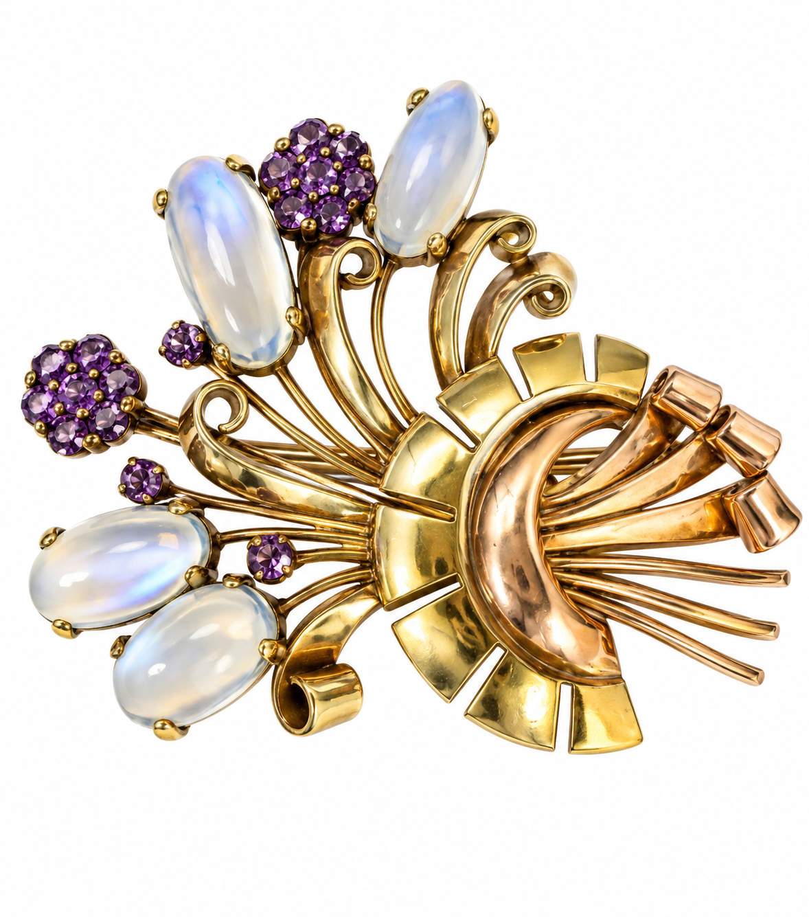 Retro 14K Gold Moonstone & Amethyst Brooch