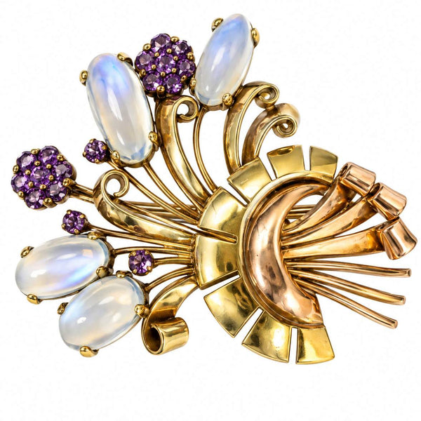 Retro 14K Gold Moonstone & Amethyst Brooch
