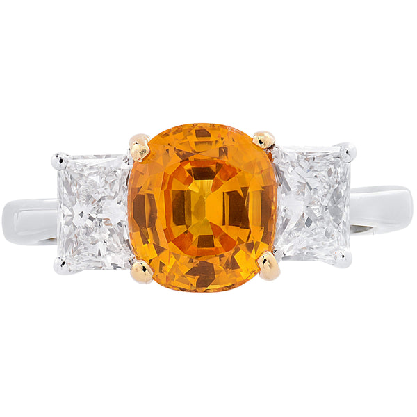 GIA certified 2.92ct Orange Sapphire & Diamond Three Stone Ring</br>
