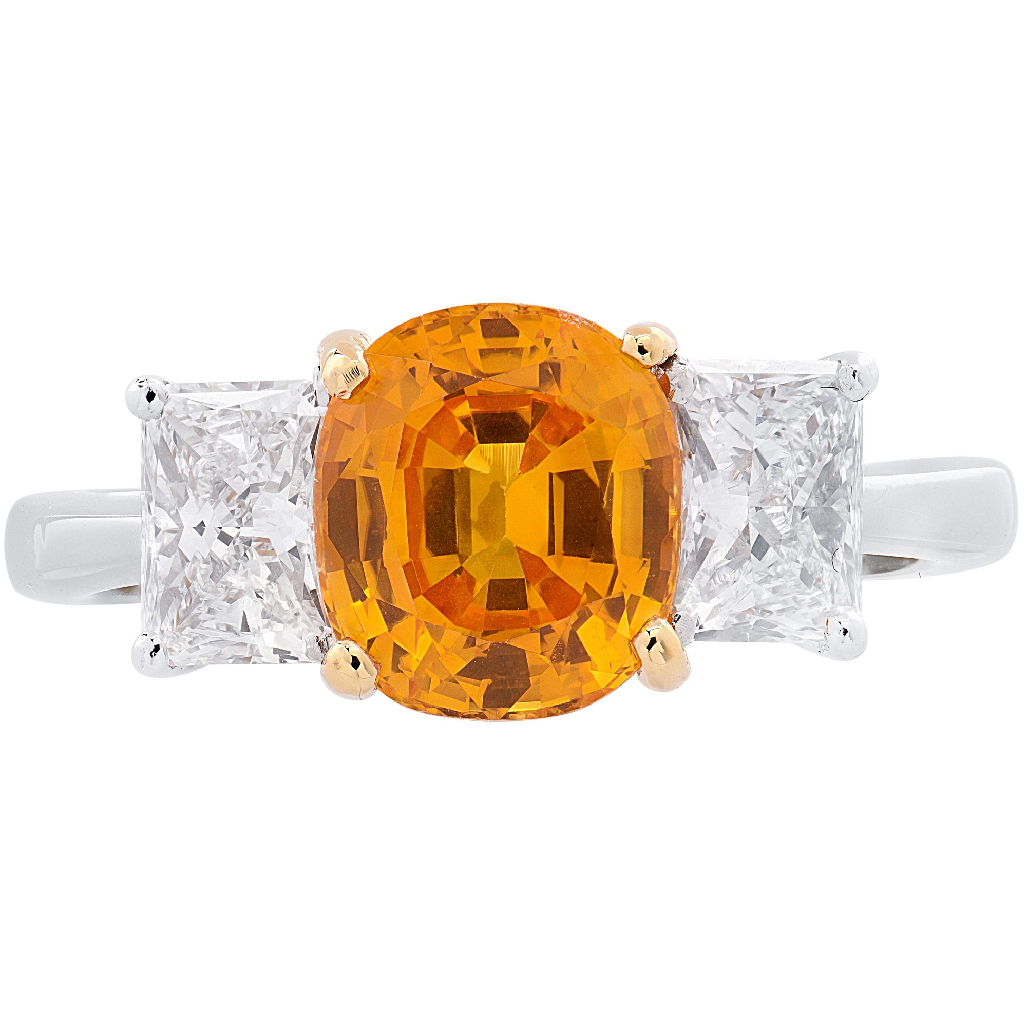 GIA certified 2.92ct Orange Sapphire & Diamond Three Stone Ring</br>