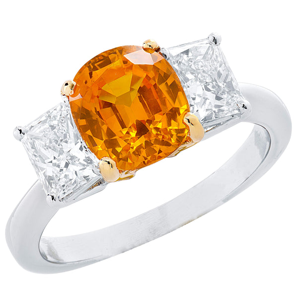 GIA certified 2.92ct Orange Sapphire & Diamond Three Stone Ring</br>