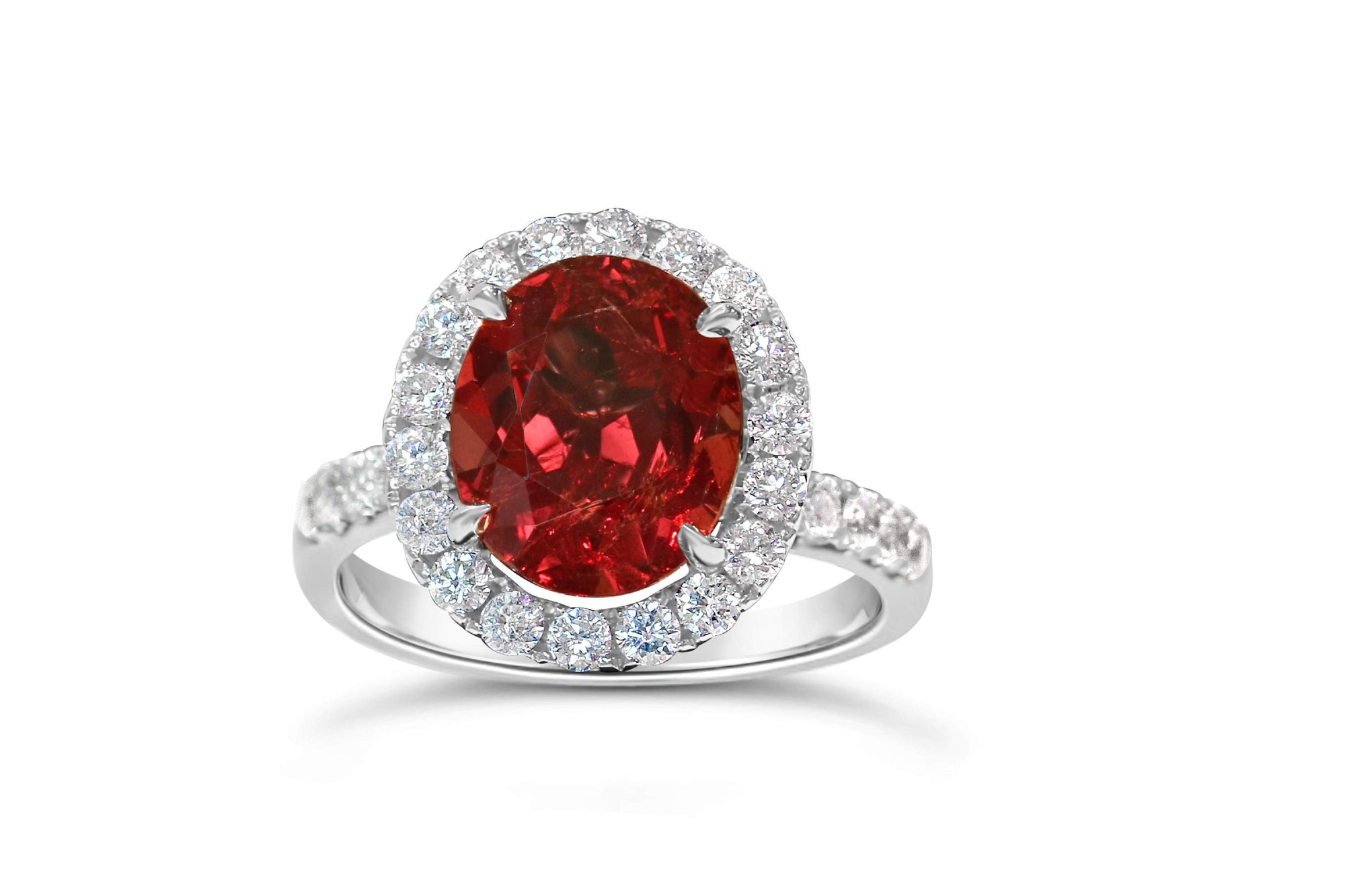 Natural Orange-Red Oval Ruby and Diamond Halo Ring