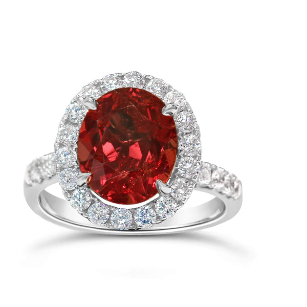 Natural Orange-Red Oval Ruby and Diamond Halo Ring