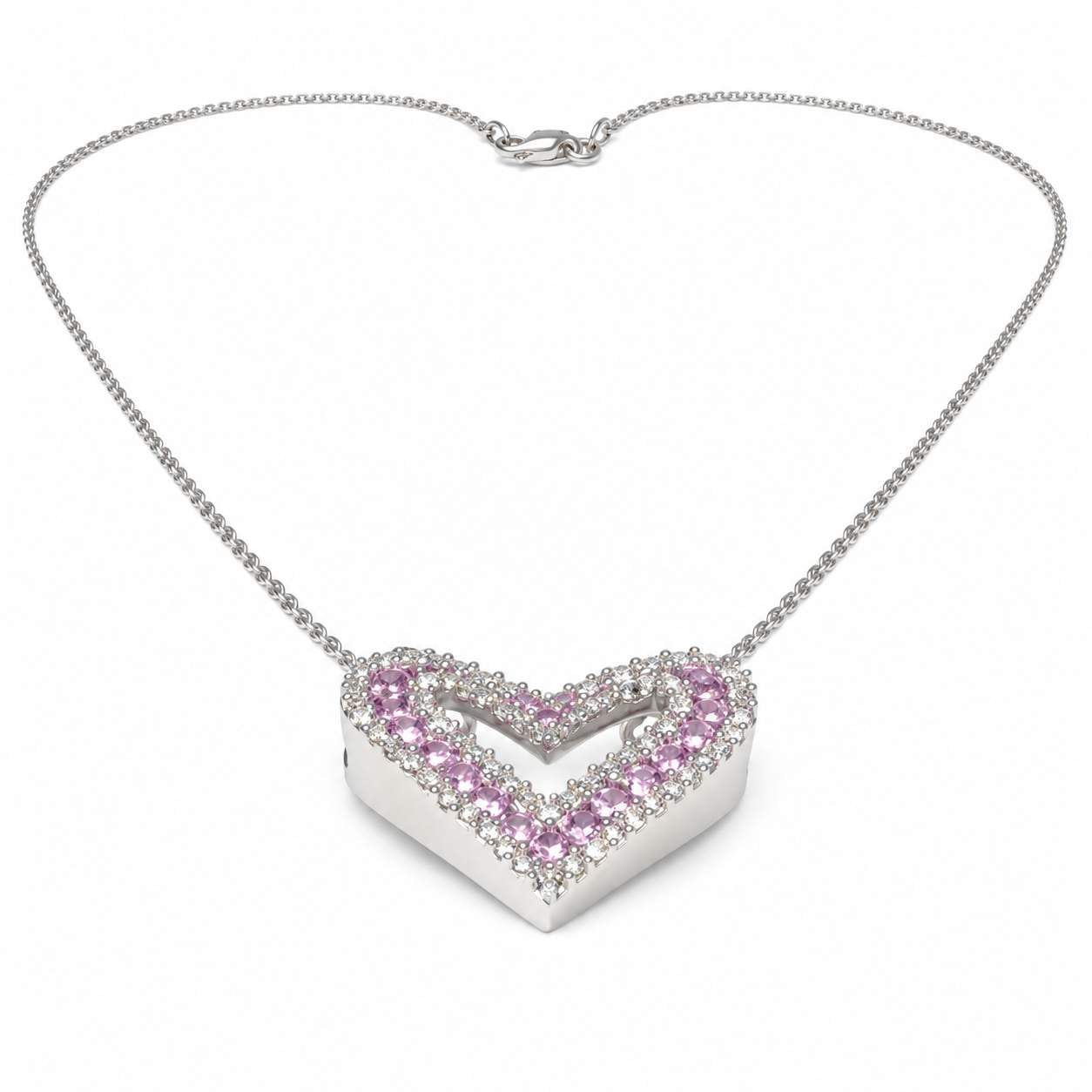 Pink Sapphire and Diamond Open Heart Necklace