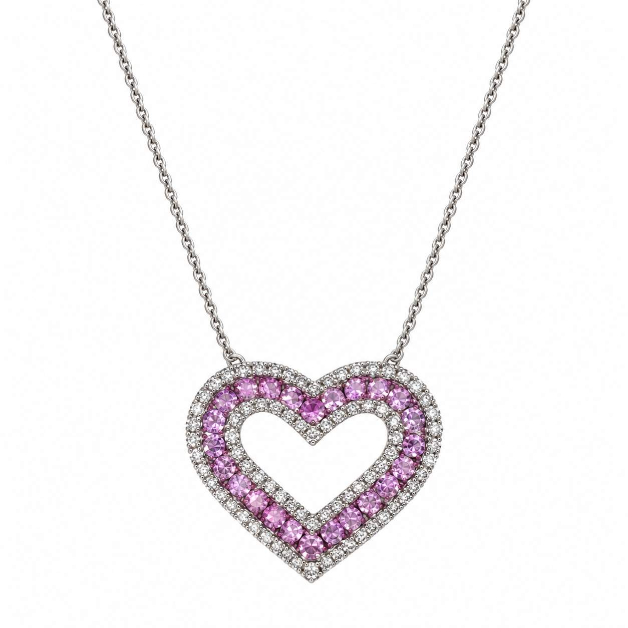 Pink Sapphire and Diamond Open Heart Necklace