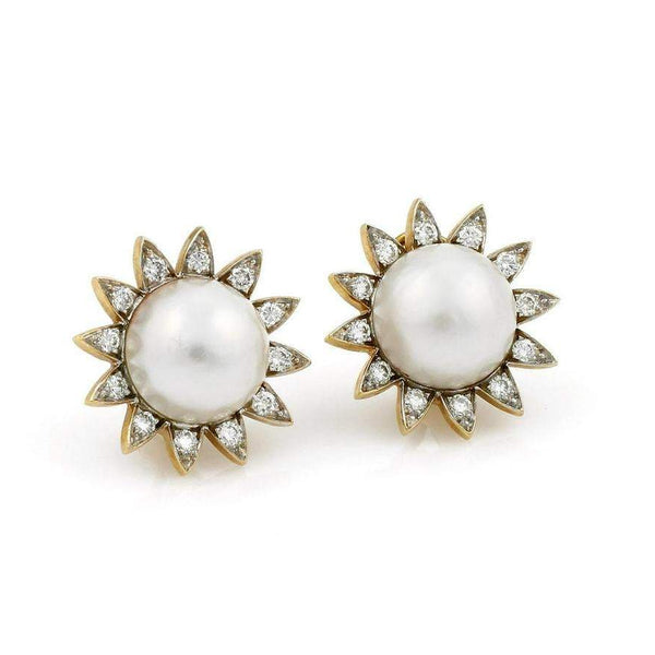 MABE PEARL AND DIAMOND SUNBURST EARRINGS