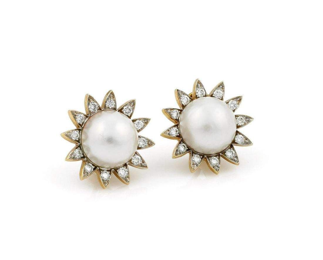 MABE PEARL AND DIAMOND SUNBURST EARRINGS
