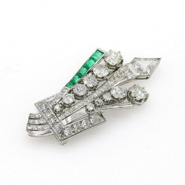 UNIQUE ART DECO EMERALD AND DIAMOND BROOCH