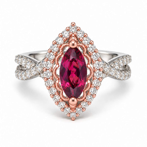 Rhodolite Garnet and Diamond Halo Ring